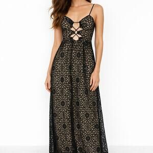 Valentine Black Lace Maxi Dress Nude Lining Lace Up Cutout Bodice Whimsigoth XS